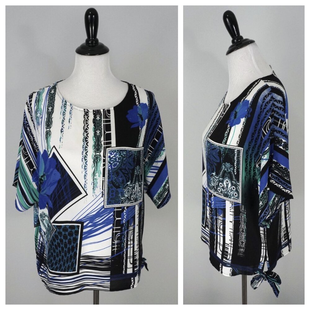 Chicos Blue White Floral Short Sleeve Blouse Top Size 2 Large US 12